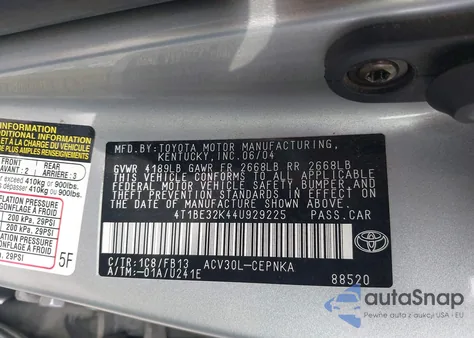 2004 Toyota Camry Le from USA, damaged, VIN 4T1BE32K44U929225